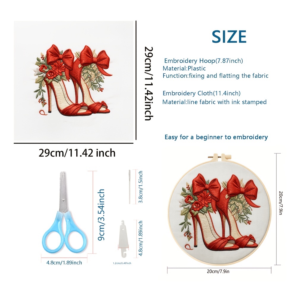 Complete DIY Embroidery Kit, Vintage Red High Heel & Floral Bow Design