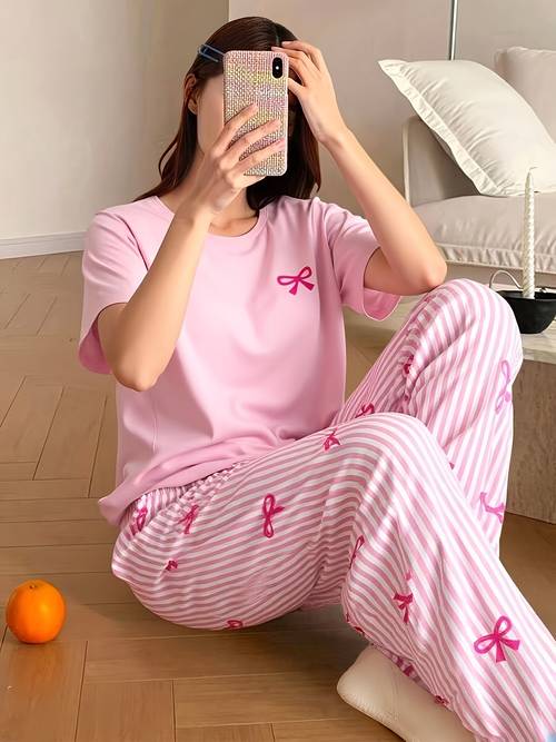 womens pajamas womens printed pajama set a comfortable round neck top with elastic waist trousers is