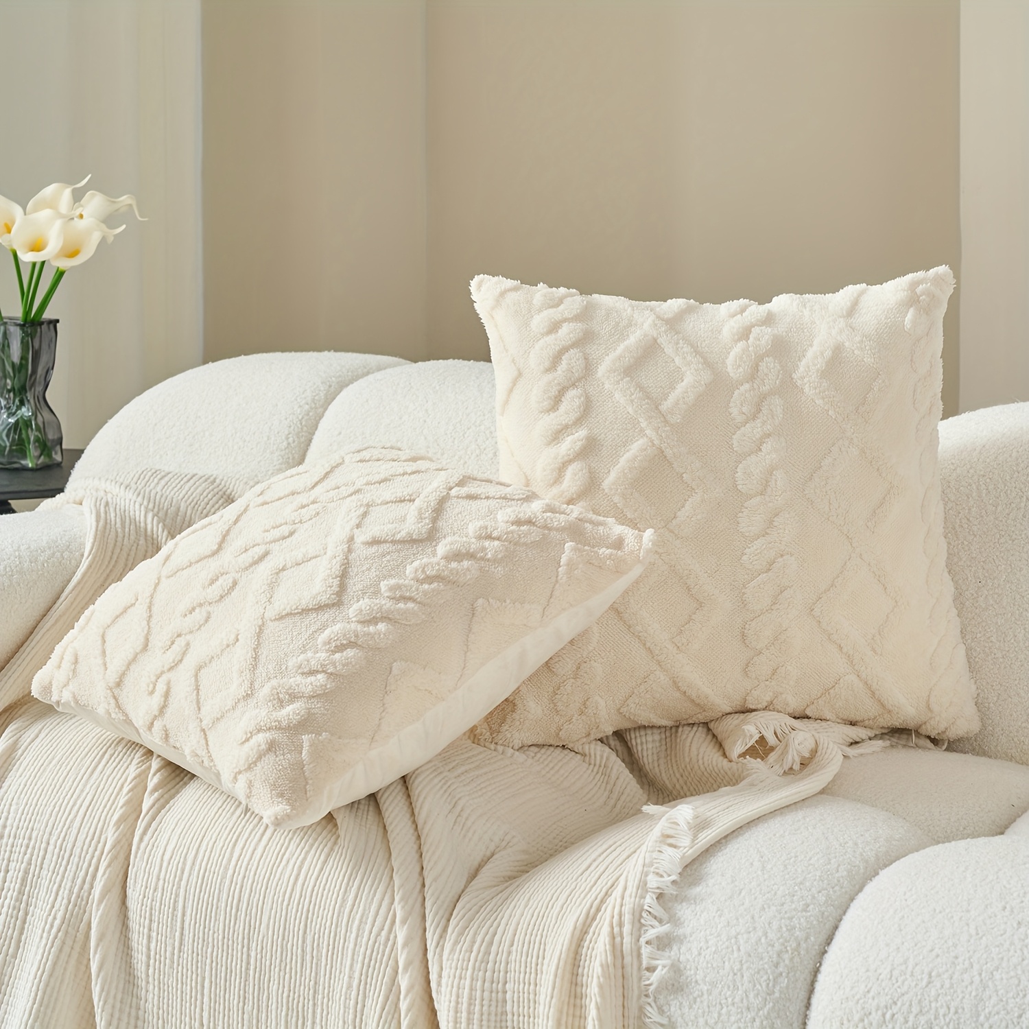 Image of 2-pack Plush Velvet Diamond Grid Pillow Covers, Soft Comfortable French Nordic Creamy Style, Bedroom Living Room Office Decor, Optional