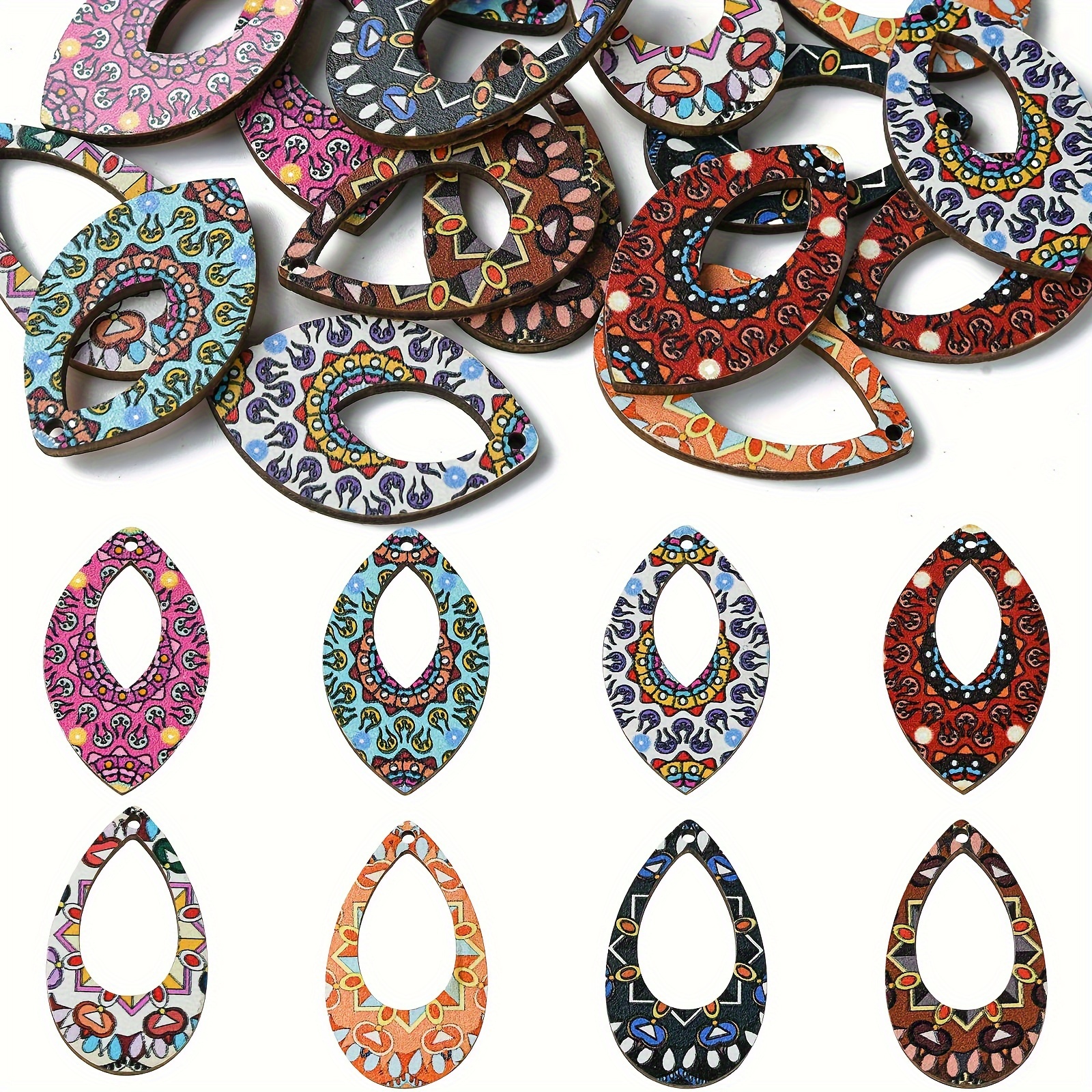 

Bohemian Style Oval Print Wooden Pieces Diy Pendant 16pcs