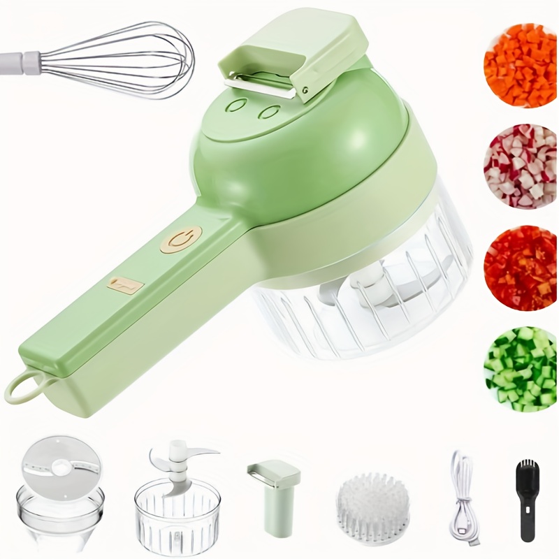 2025 upgrade portable handheld 4in 1 electric vegetable slicer electric vegetable cutter set multifunctional vegetable cutter slicer wireless garlic mud masher   green kitchen gadget vegetable slicing ergonomic grip handheld design durable blades   wireless masher multifunctional slicer meal preppers healthy   Product details 0