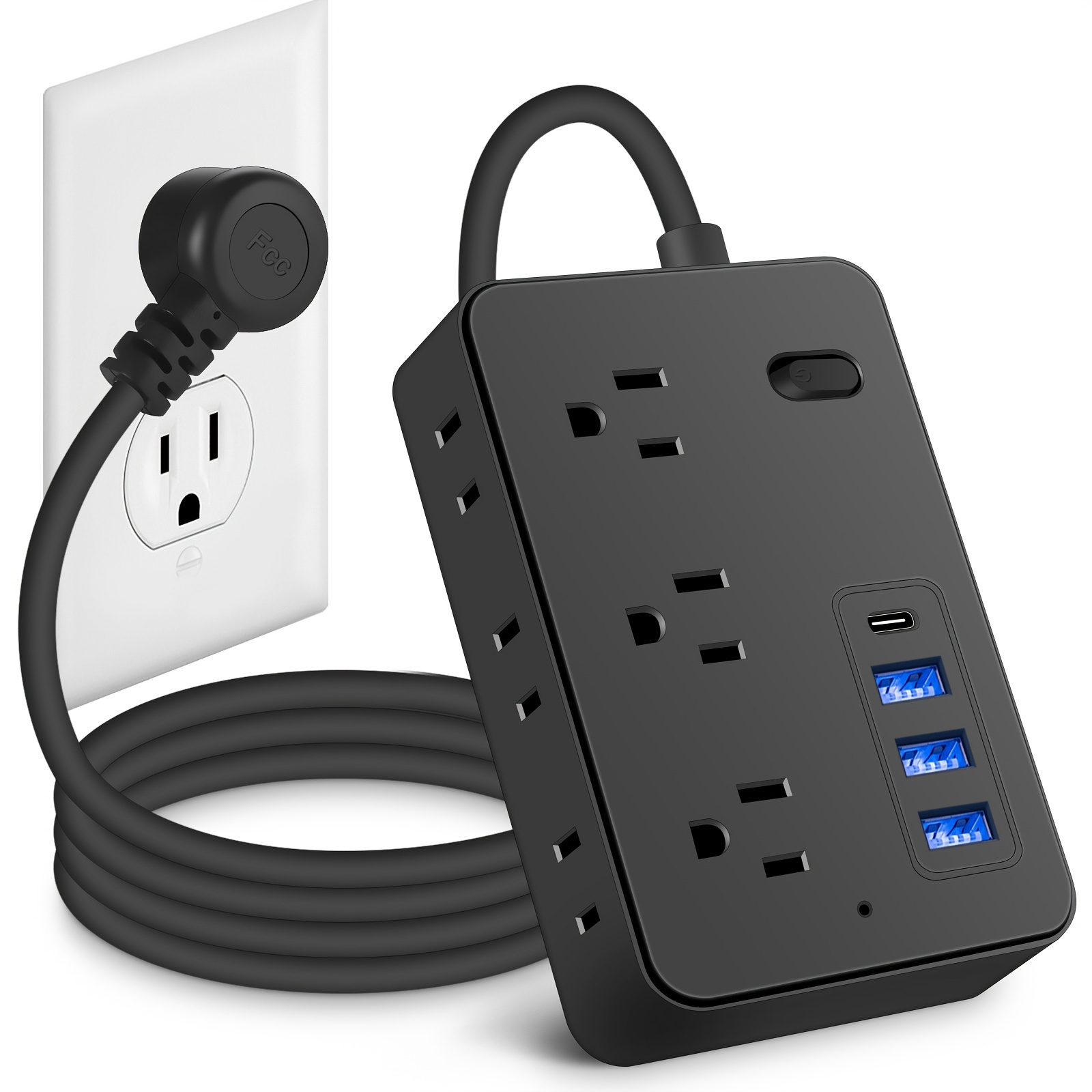 

6-outlet Power Strip With 3 Usb Ports And 1 Type-c, Individual Switches, 1.2m Extension Cord, Us Plug, 110-130v Rectangle Abs Power Supply Strip