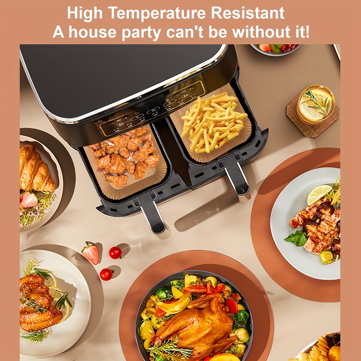   200  non stick air fryer liners heat resistant oil proof waterproof baking trays compatible with dual basket air fryers   grade   reusable air fryer paper basket liner and container for   food grade air fryer accessories details 0