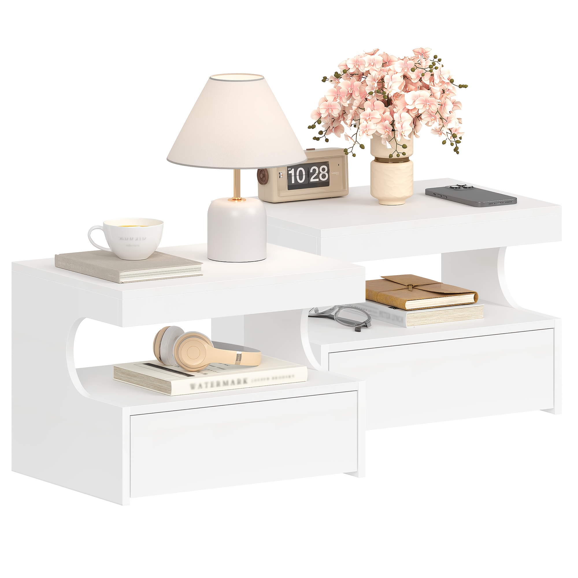 TEMU 2pcs Hanging Bedside Table Set | Wall Mounted Drawer And Shelf With Rails, Modern Floating Shelf Design, Suitable For Bedroom And Living Room,