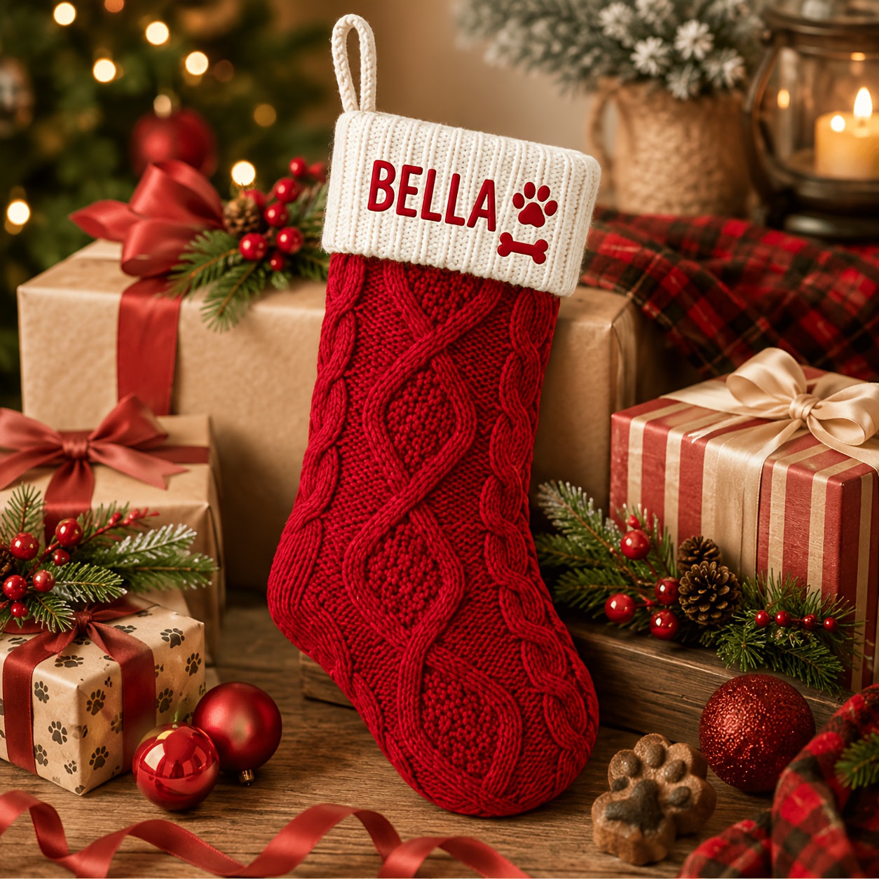 TEMU 1pc Personalized Pet Christmas Stocking, Customizable Name, Paw Print And Bone Embroidery, Cable Knit Holiday Stocking, Suitable For Cats And