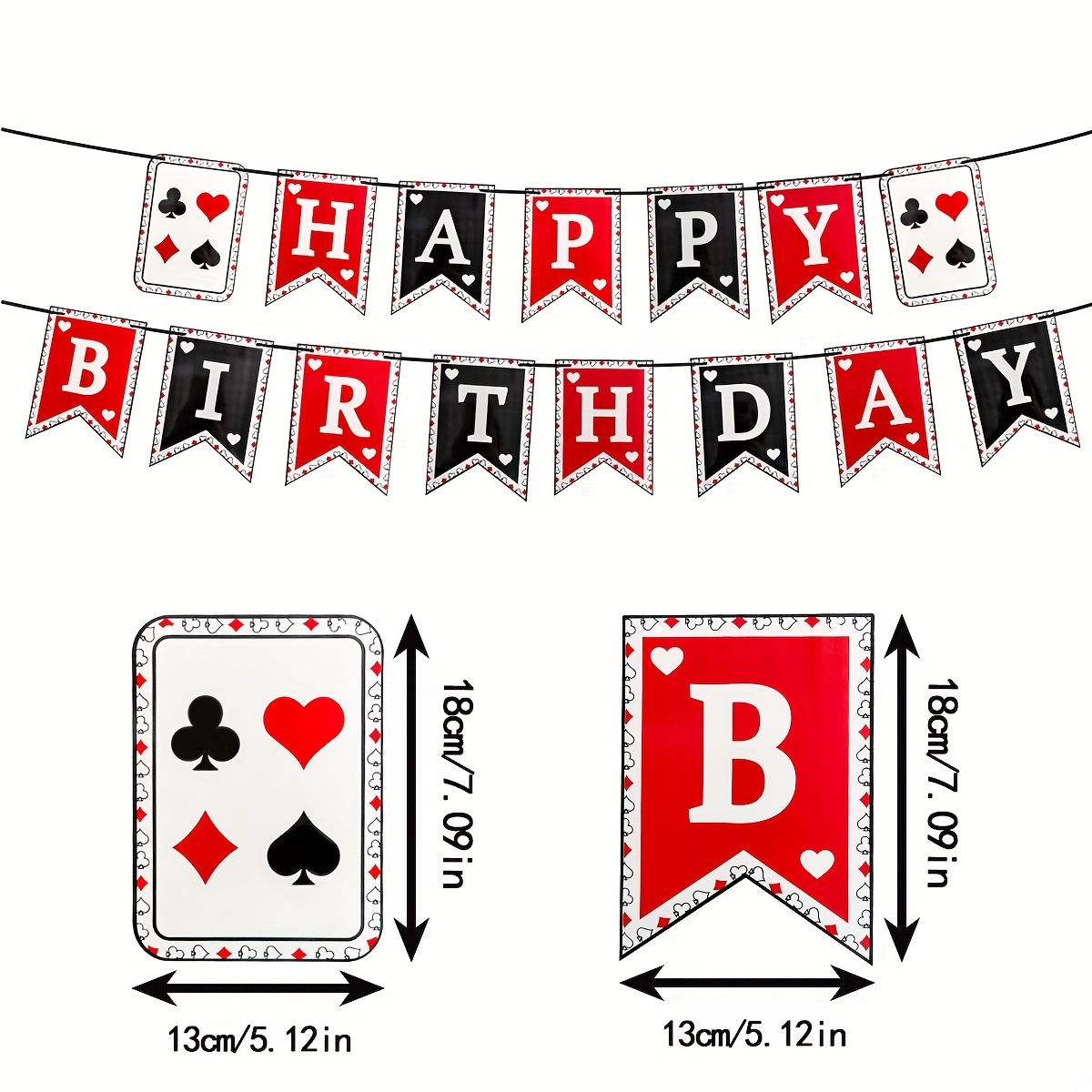 Image of Pattern Happy Birthday Banner, Game Theme Birthday Banner, Spades Diamonds Clubs Ace Fishbone Birthday Banner