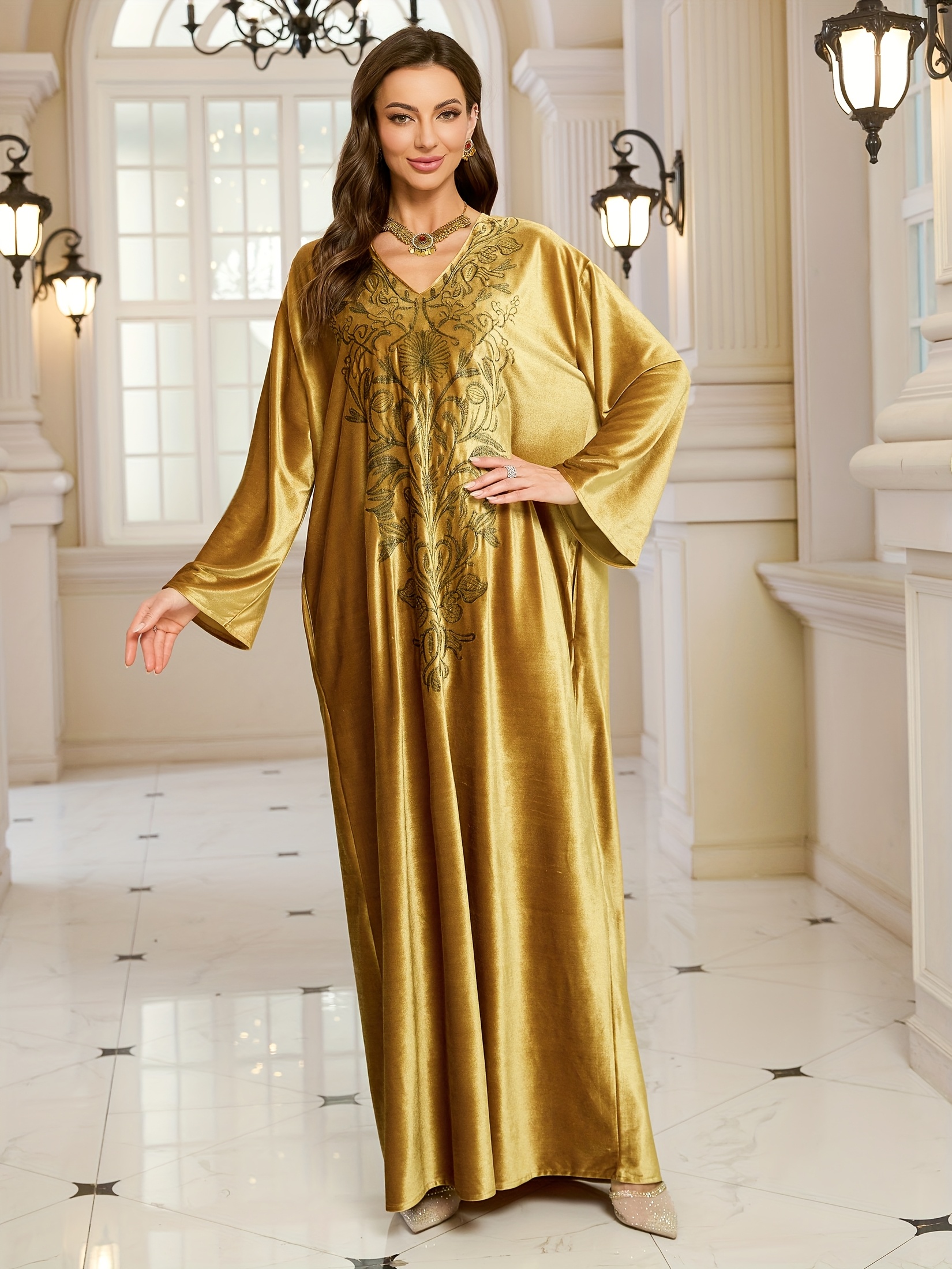 golden embroidered long sleeve kaftan dress elegant - Temu