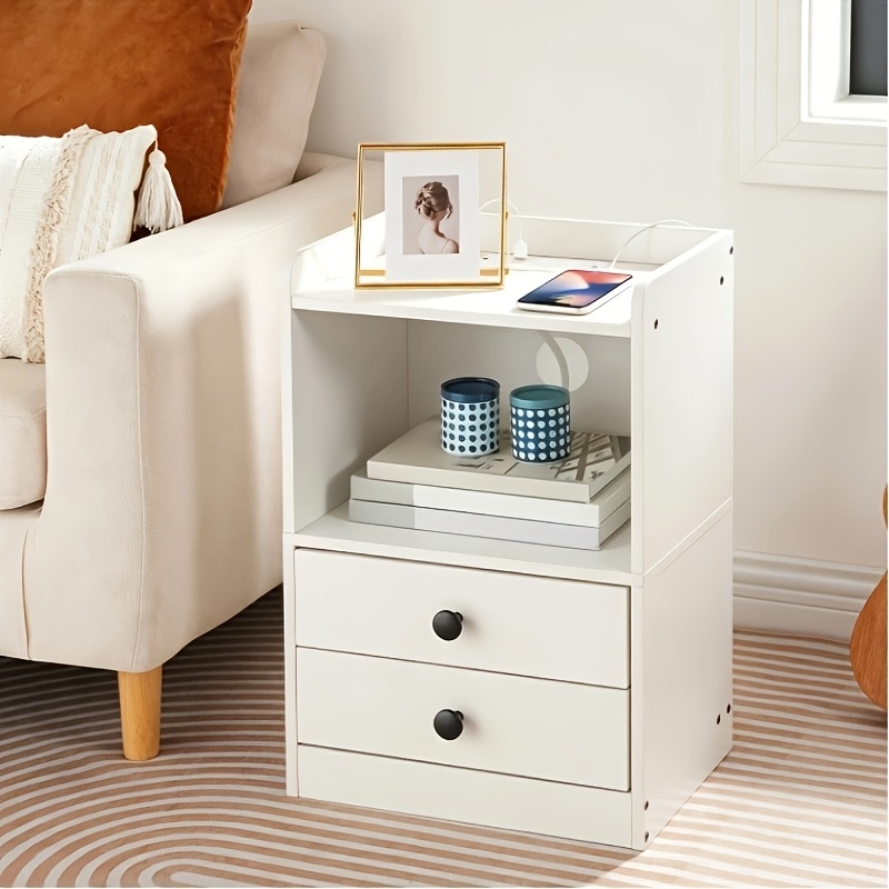 TEMU Bedside Table With Charging Station, Side Table, Nightstand With 2 Drawers For Bedroom, Living Room, , , White