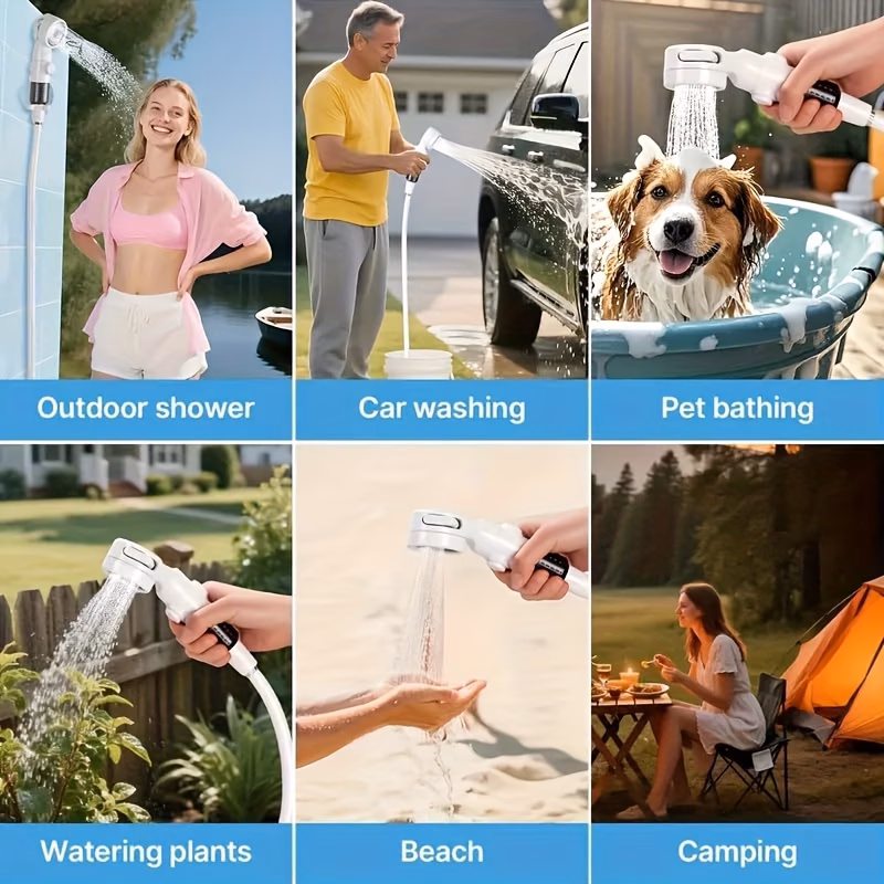 portable camping shower pump with usb rechargeable battery 3 in 1 shower head sprayer in 1 hose system 6