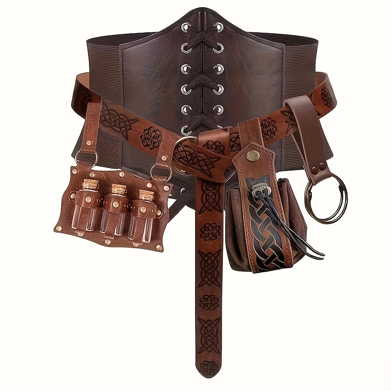 TEMU Ensemble de 5 pièces d'accessoires de costume de ceinture médiévale vintage en PU, sac banane à gaufrage, ceinture, anneau de suspension vintage