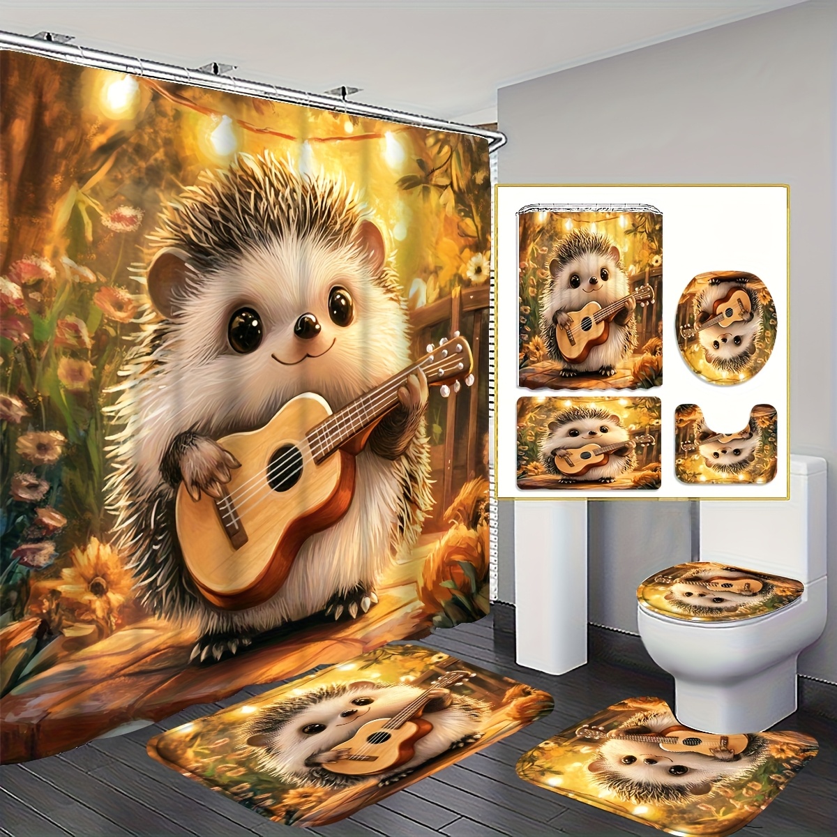 TEMU Ensemble de rideau de douche 4 pièces 2D plat hérisson musicien, décoration de salle de bain jaune et marron, un tapis de bain, un tapis de U,