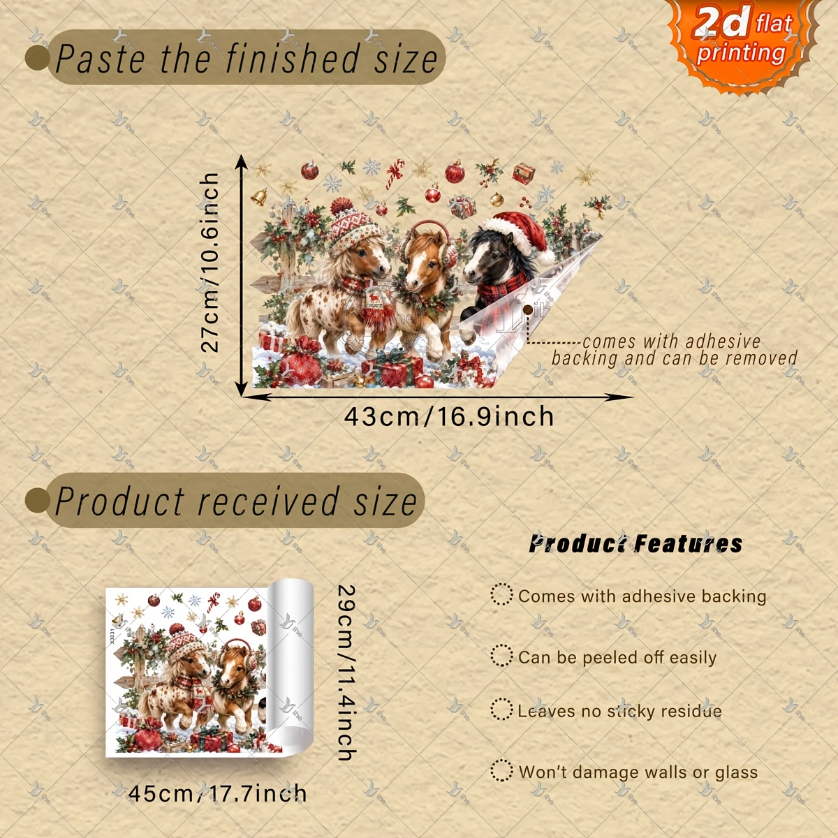 TEMU 2d Flat, 1pc 2d Flat Printed Christmas 3 Festive Dressed Ponies, Gifts & Holly Window Sticker, Creative Diy Self-adhesive Removable Double-sided