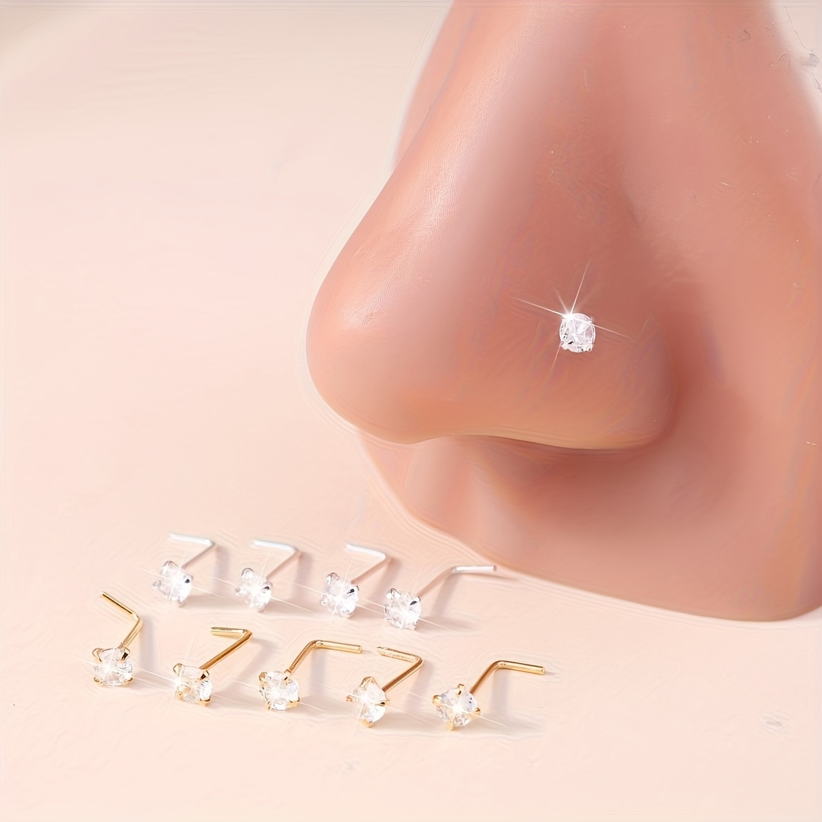 

5pcs Élégants et mignons anneaux de nez en de L, clous de nez en synthétique de 3 mm pour femmes, bijoux de piercing corporel en cuivre, cadeau de la Saint-Valentin, convient à toutes les