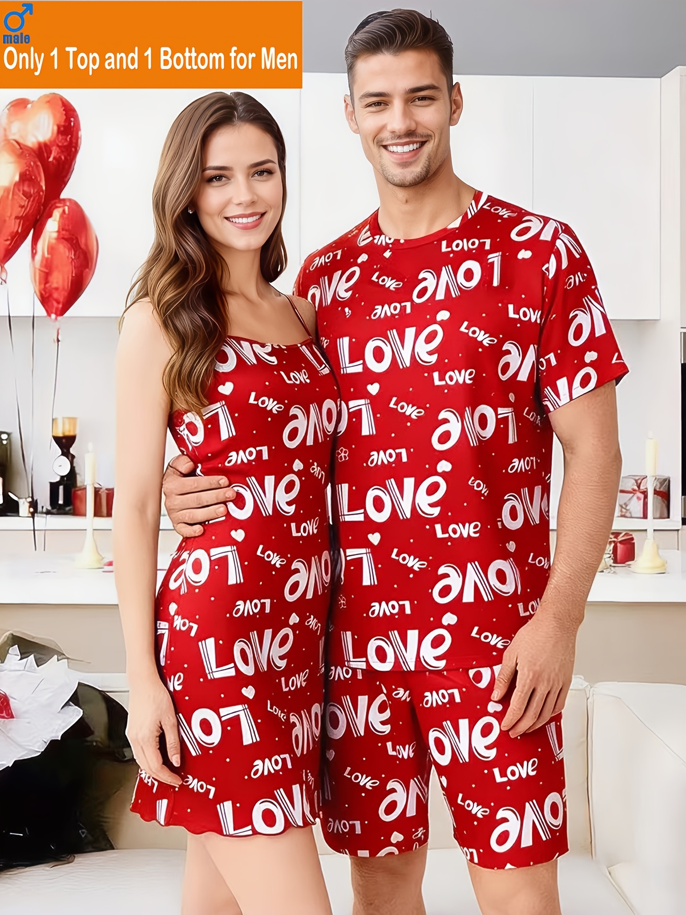 MEN/WOMEN Romantic Valentine's Day Couple Style LOVE Letter Print Men's Short Sleeve Shorts Set or Women's Camisole Dress (Men's Set: 1 Top + 1 Pair of Shorts / Women's Set: 1 Dress)