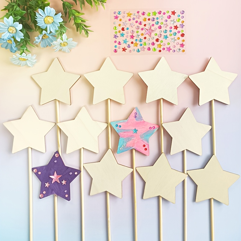 

6 12pcs Of Wooden Star Crafts, Wood Slices, Ideal For Painting, , Home Decor, And Cake Embellishment.