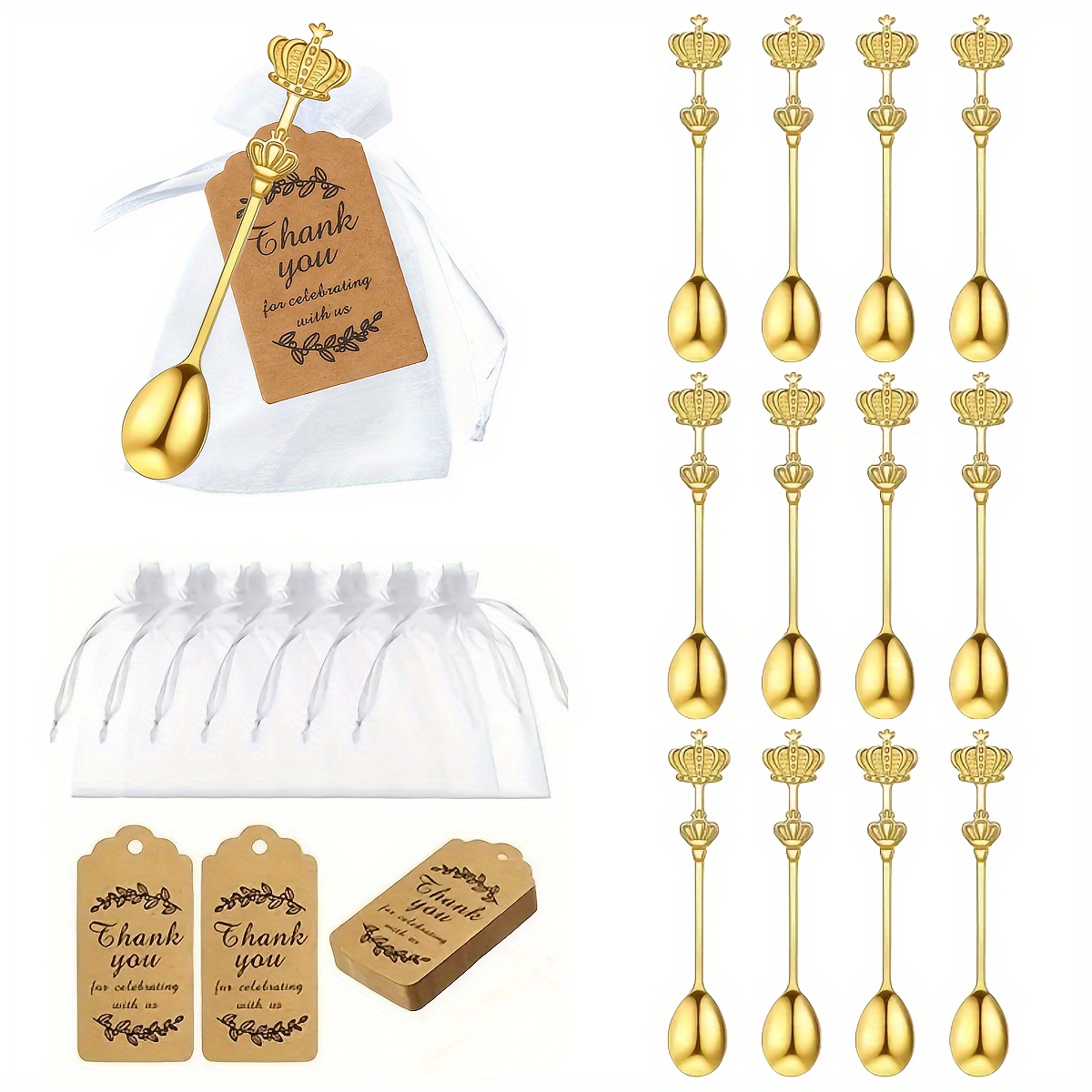 36 Pieces Coffee Party Favors: 12 Pcs Golden Stainless Steel Coffee Cake Spoons, 12 Pcs Tags, And 12 Pcs Gift Bags - Perfect Wedding, Bridal Shower, Or Tea Party Favors - Thank You Gifts