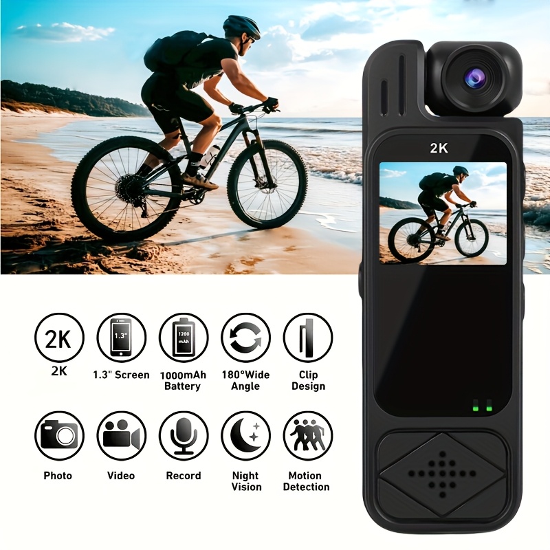 2K HD Wearable Sports Camera with 180° Rotating Lens & Night Vision - Portable bike helmet cam, action camera with Motion Detection, SD storage, for Cycling, Vlogging, Kids/Pet Monitoring - Ideal Gift for Adventurers (Black), Wearable Camera, Adventure Gear, Compact Design, Highquality Video, Outdoor Recording, Lightweight Design, Digital Stabilization, Content Creators