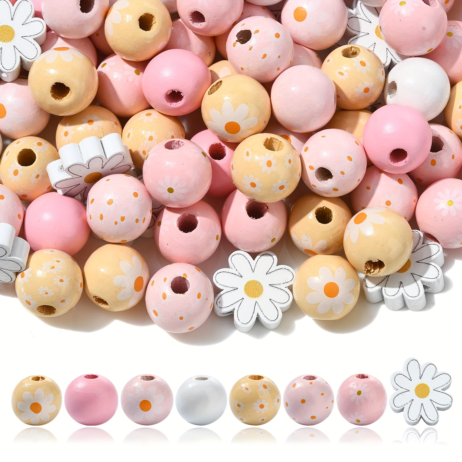 100pcs Daisy Flower Wooden Beads -16mm Daisy Round Beads 19mm Daisy Shape Beads Colorful Floral Beads Rustic Farmhouse Beads For Christmas Diy Crafts Jewelry Garland Handmade Making