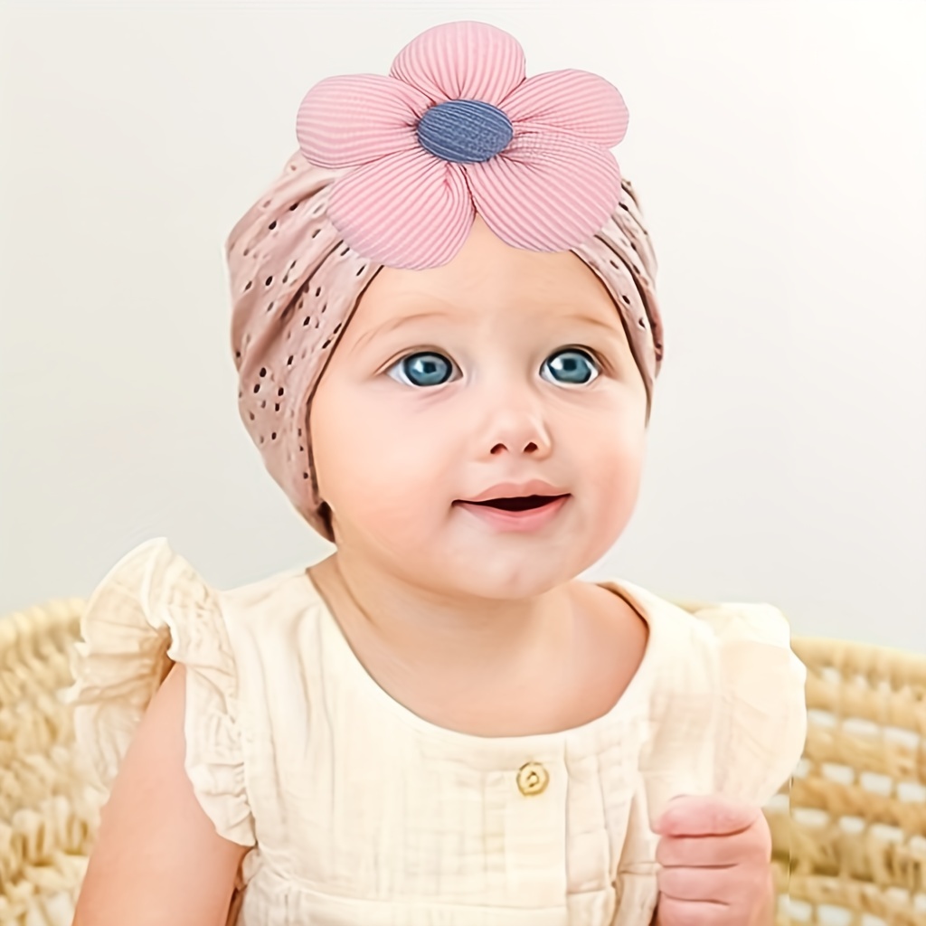 

1pc Baby Breathable Hollow-out Hat With Cute Flower, Soft Comfortable Stretch Turban Headwear For Toddlers