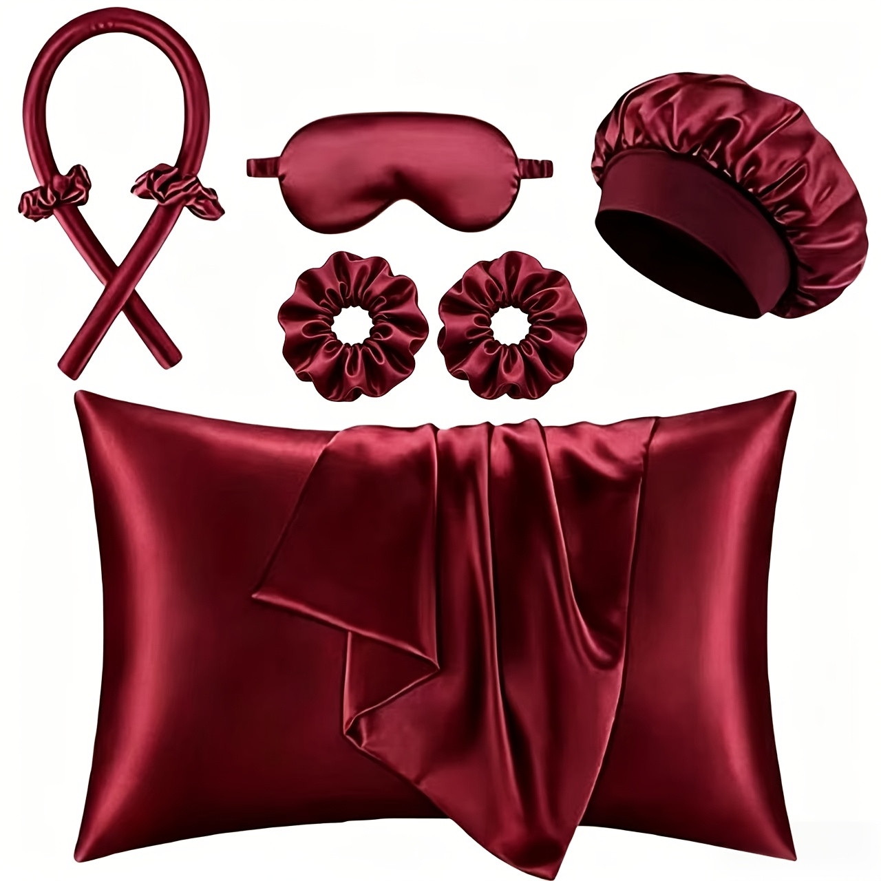 TEMU 8pcs Women's Large Hair Scrunchie Eye Mask Pillowcase Hair Straightener Set Satin Solid Color Easy Hair Care Set Hair Sleeping Soft Material