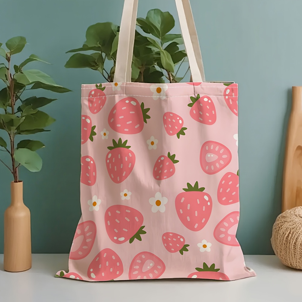 TEMU 1pc Strawberry Pattern Tote Bag - Large Capacity Bag, Stationery Storage Bag, Gift Bag, Very Suitable For School, Going Out, Travel, Festivals,