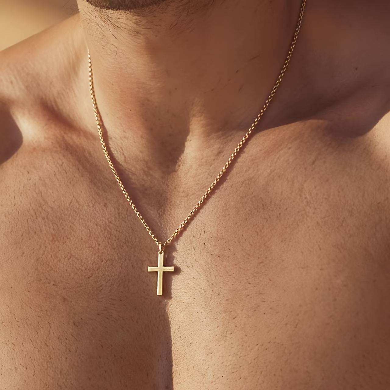 Image of Fashionable 18k Gold Plated Golden-plated Cross Necklace, Stainless Steel Men's Cross Pendant, Christian Jewelry, Men's Gift, Valentine's Day Gift