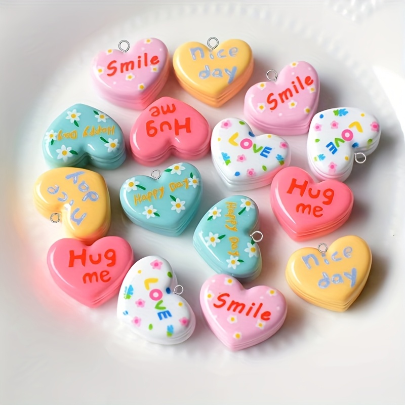 

12pcs Cute Resin Heart Charms, Multilayer Love Macaron Pendants With & Smile Messages, Sweet For Earrings, Keychains, Crafts