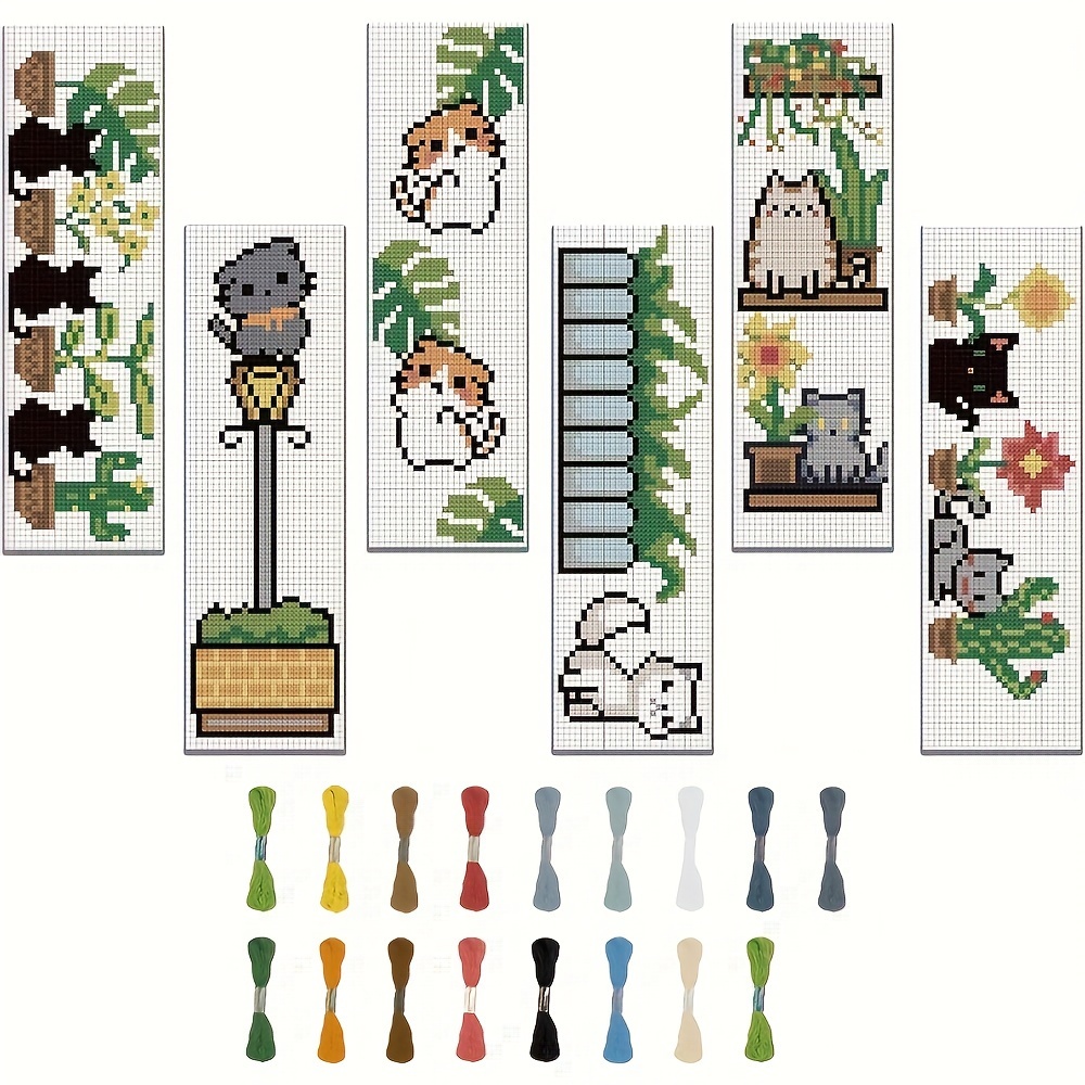 

6pcs Bookmark Stitch Kit, Stitch Kit, With Instructions, Cute Cat Print Pattern Stitch Set, Suitable For Beginners, Bookmark Making Kit, Suitable For Gifts