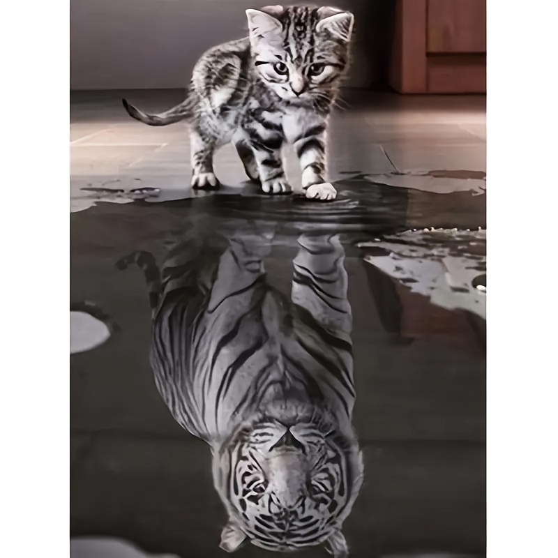 

1pc Cat & Tiger Reflection Diamond Painting Kit For Adults - 3d Rhinestone Embroidery Diy Art Craft Set, Canvas Material Mosaic Picture, Handcraft Hobby, 20x30cm