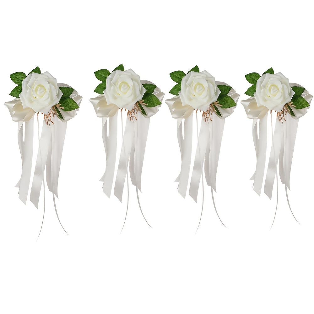 E-shop Ein Set aus 4 dekorativen Blumen für Hochzeitsauto-Rückspiegel, mit Vintage-Europäischen und Amerikanischen Schleifendekorationen für