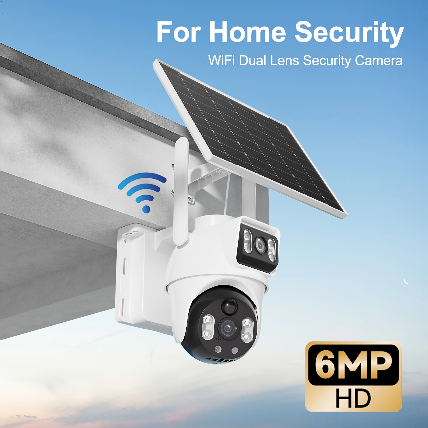 TEMU Caméra solaire Wifi extérieure à double objectif 6MP, détection PIR, audio bidirectionnel, vision couleur, détection de mouvement, push, pour la