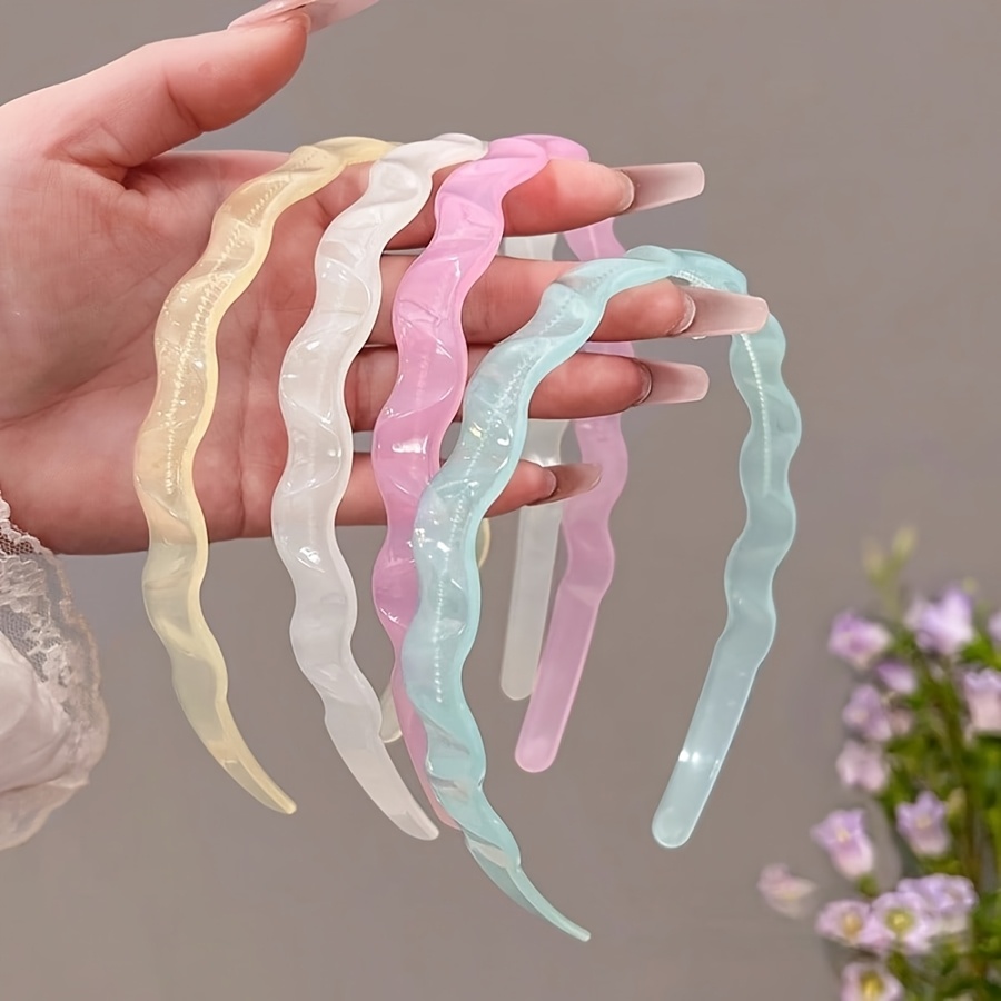 TEMU 4pcs Transparent Jelly-colored Acrylic Wavy Headbands With Teeth For Anti-slip Use, For Face Washing, Transparent Headbands, Women's Vacation
