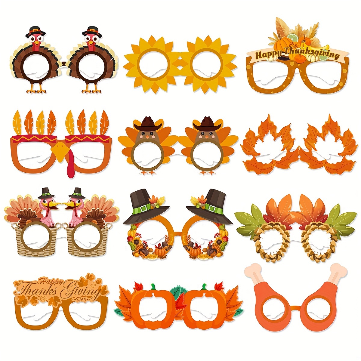 

12 Pieces Festive Paper Glasses - Perfect For Autumn Parties! - Thanksgiving, Fall, Pumpkin, Turkey, Maple Leaf Themed Decorations - No Power Required - Great For Photo Booths And Gifts