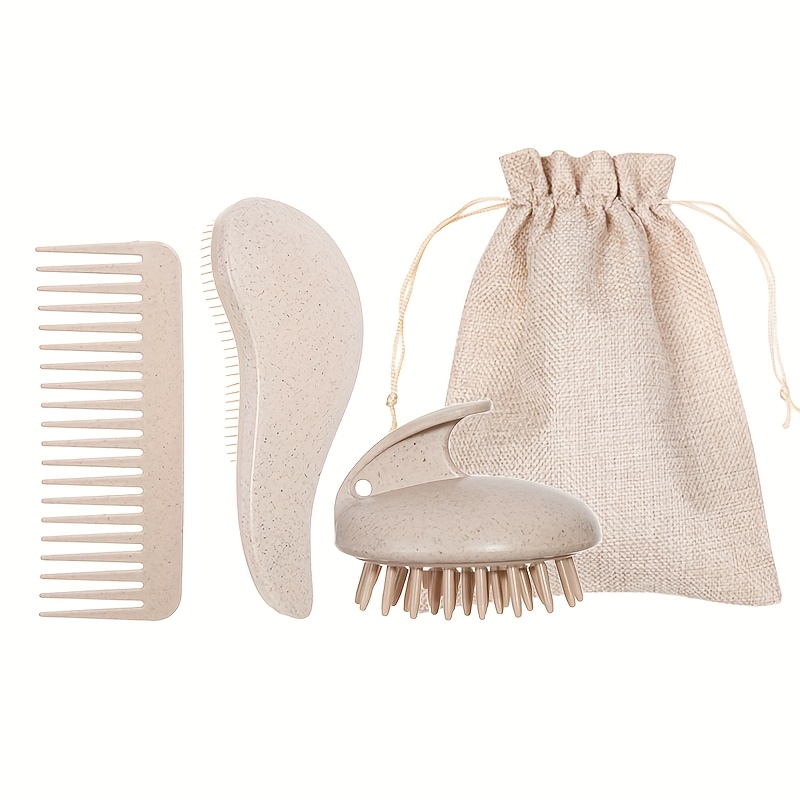 TEMU 4-delige set, Tarwe Stro Massage Shampoo Borstel Kit, TT Massage Ontwar Kamoer, Hoofdhuid Massage Konijn Shampoo Borstel, Brede Tand Ontwar