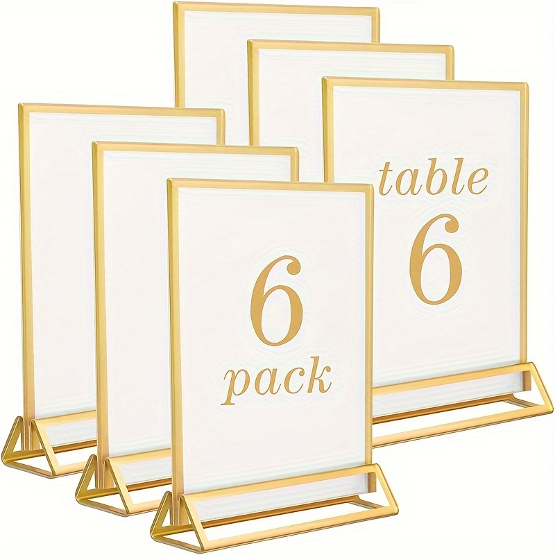 

6pcs, Acrylic Golden Sign Holder, 3 Sizes Available, Clear Photo Frame With Golden Border And Vertical Bracket, Double Sided Table Menu Display Stand For Restaurant Signage, Wedding Table Numbers