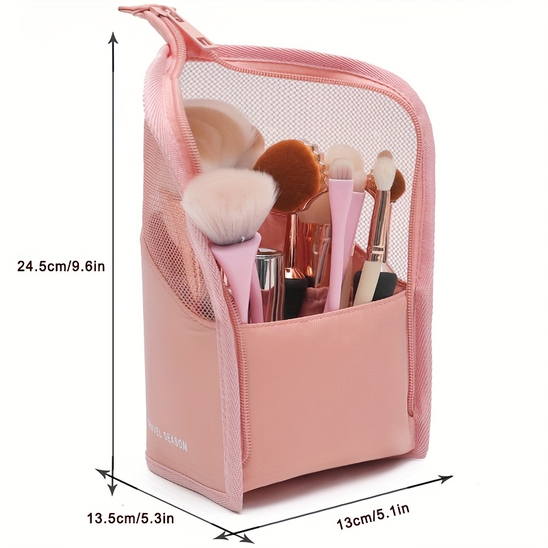 1pc high capacity stand up makeup brush organizer bag for women portable   with mesh   closure pink     travel or daily use makeup travel bag details 5