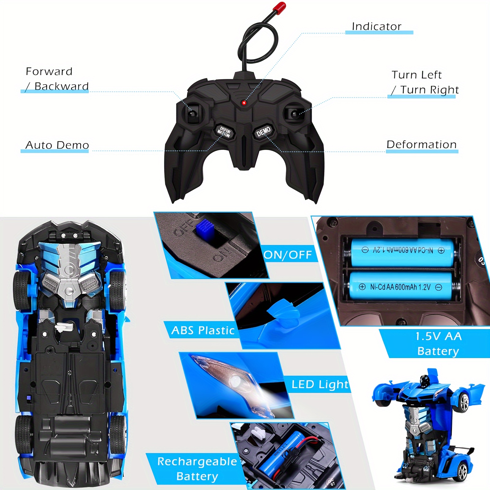 [Transformable|Robot] 2-in-1 Jovow Transformable Robot Car Toy | Remote Control Electric Racing Vehicle with Realistic Sounds, 360° Drift, USB Rechargeable, App-Controlled | Blue & Red/Yellow Options, Perfect for Birthdays, Christmas, Halloween Gifts