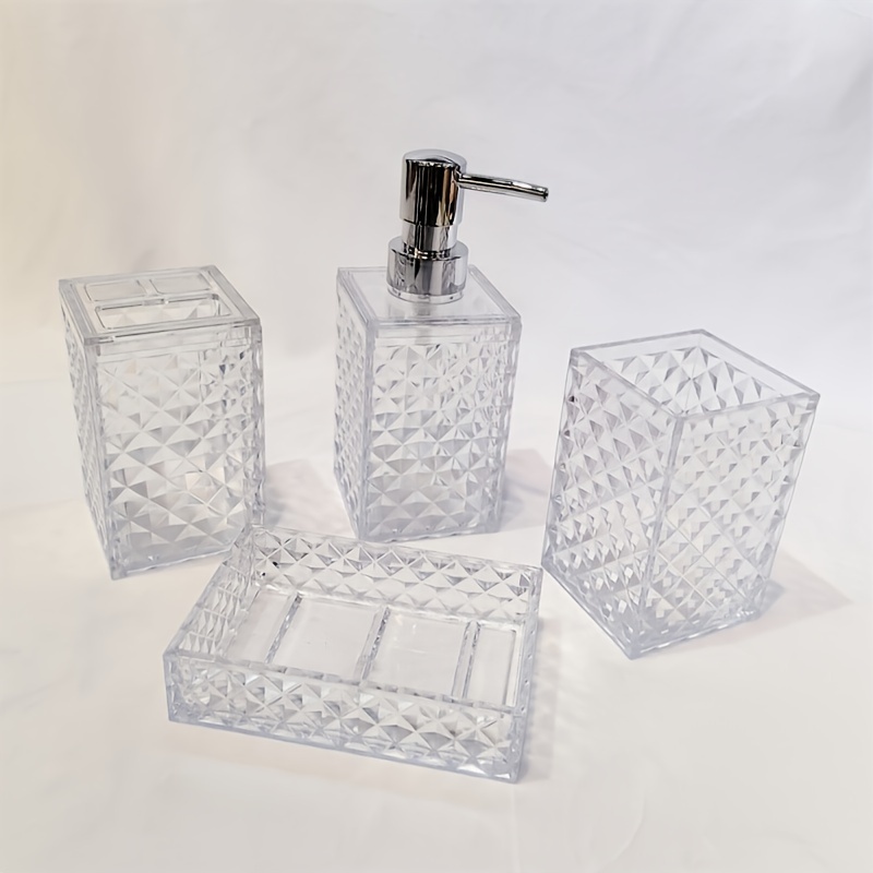 4pcs Acrylic Bathroom Set with Diamond Pattern - * Soap Dispenser, Toothbrush Holder, Mouthwash Cup &amp; Soap Dish