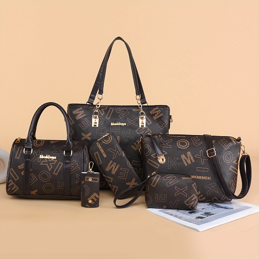 

6-piece Fashion Handbag Set, Includes Tote, Shoulder & Crossbody Bags, Clutch, Wallet, Card Holder, Women's Stylish Purse Combo, Various Sizes, Chic Brown Monogram Design