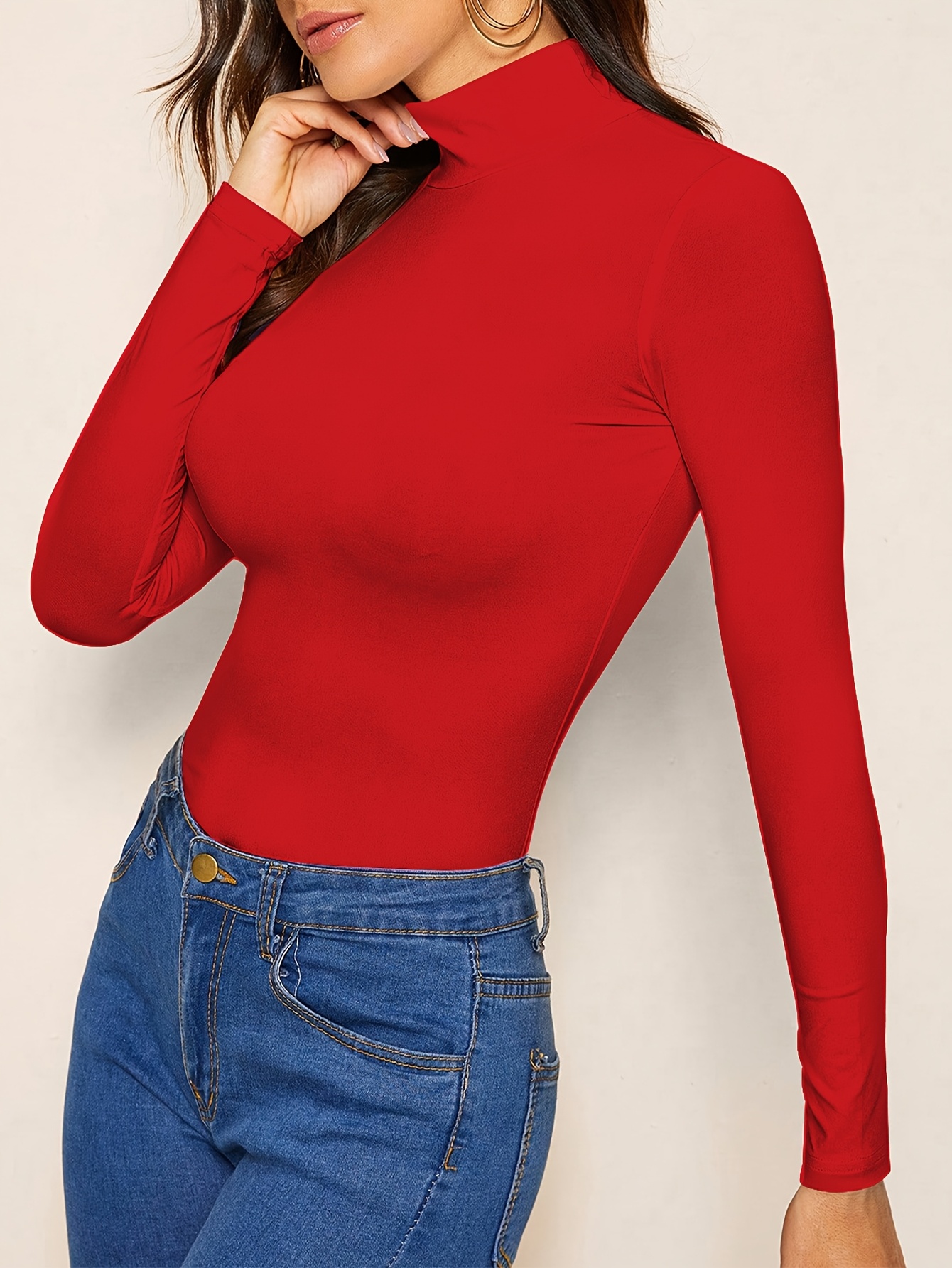Solid Color Mock Neck T-Shirt, Versatile Long Sleeve T-Shirt For Spring & Fall, Women's Clothing