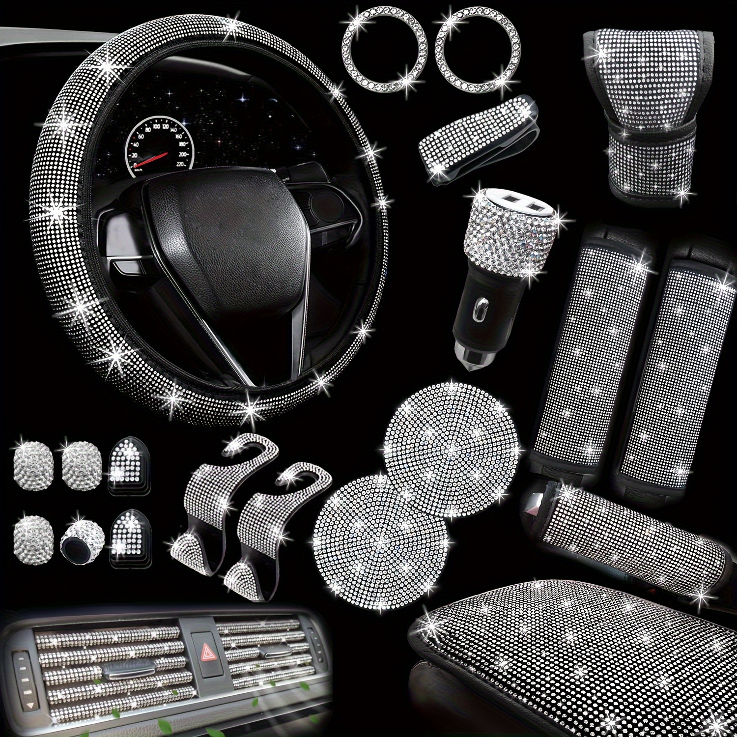 

30 Pcs Bling Car Accessories Set For Women, Steering Wheel Covers Universal Fit 15 Inch, Seat Belt Covers, Armrest Cover, Gear Shift Covers