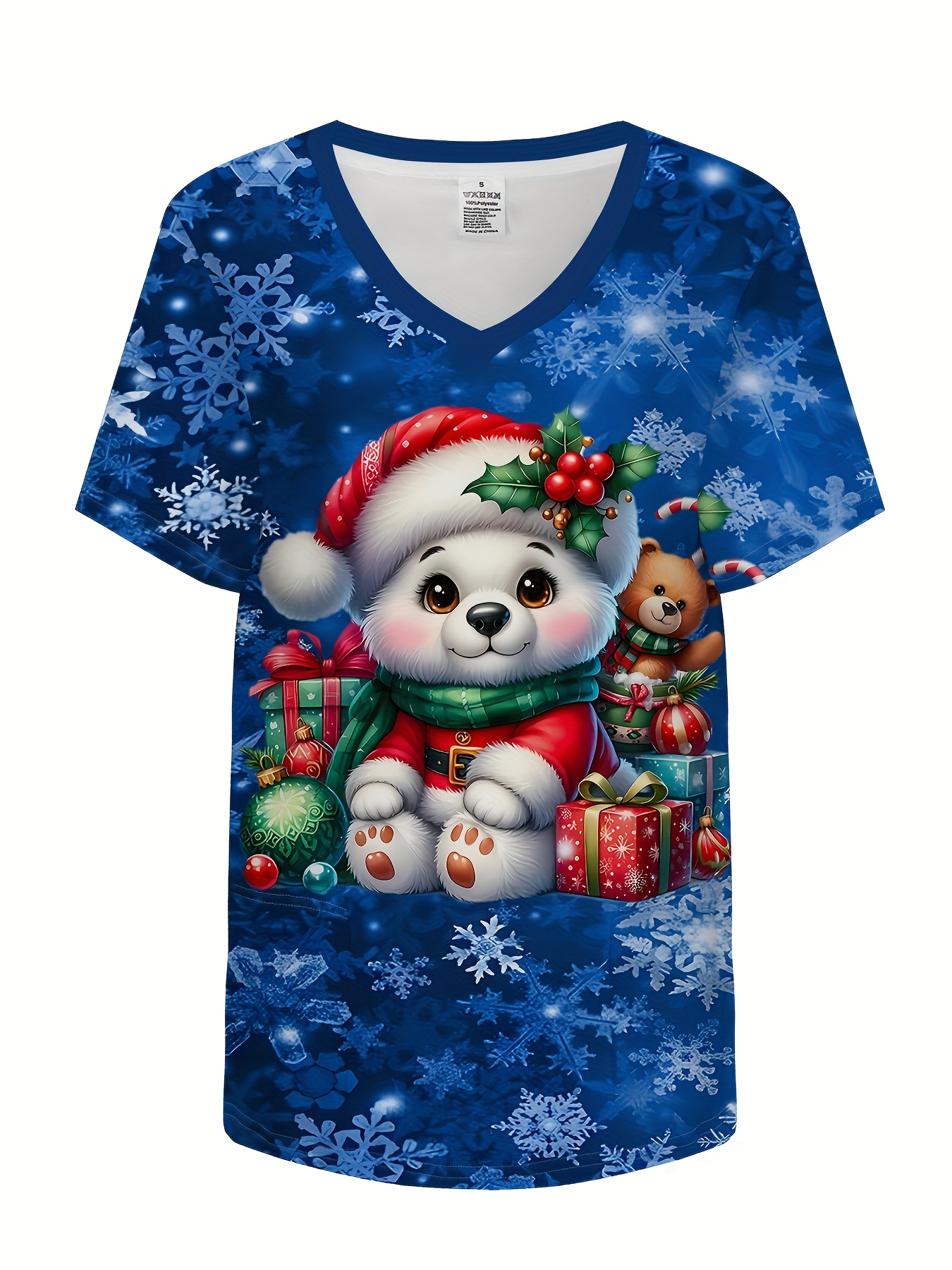 kerstmis sneeuwvlok schattige puppy print rekbaar v-hals t-shirt, comfortabel & functioneel gezondheidszorg uniform voor verpleegkundige, dameskleding