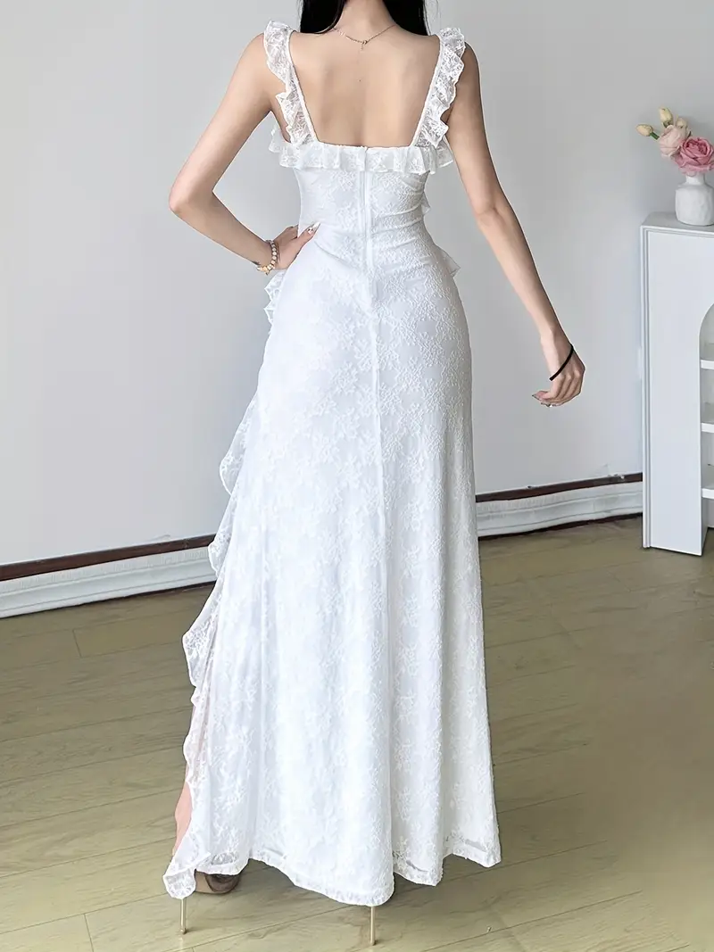 Dentelle Blanche Robe Longue Blanche Fendue Robe De Soirée Longue