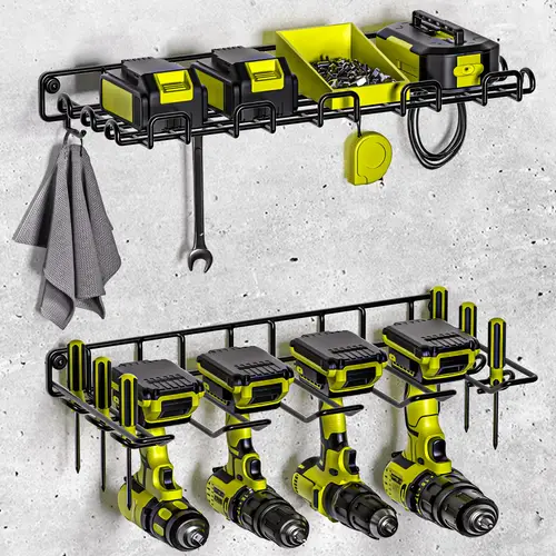 power tool organizer wall mount with charging shelving 6 drill holders tool battery holder with screwdriver heavy duty rack tool storage rack with 4 outlet power strip