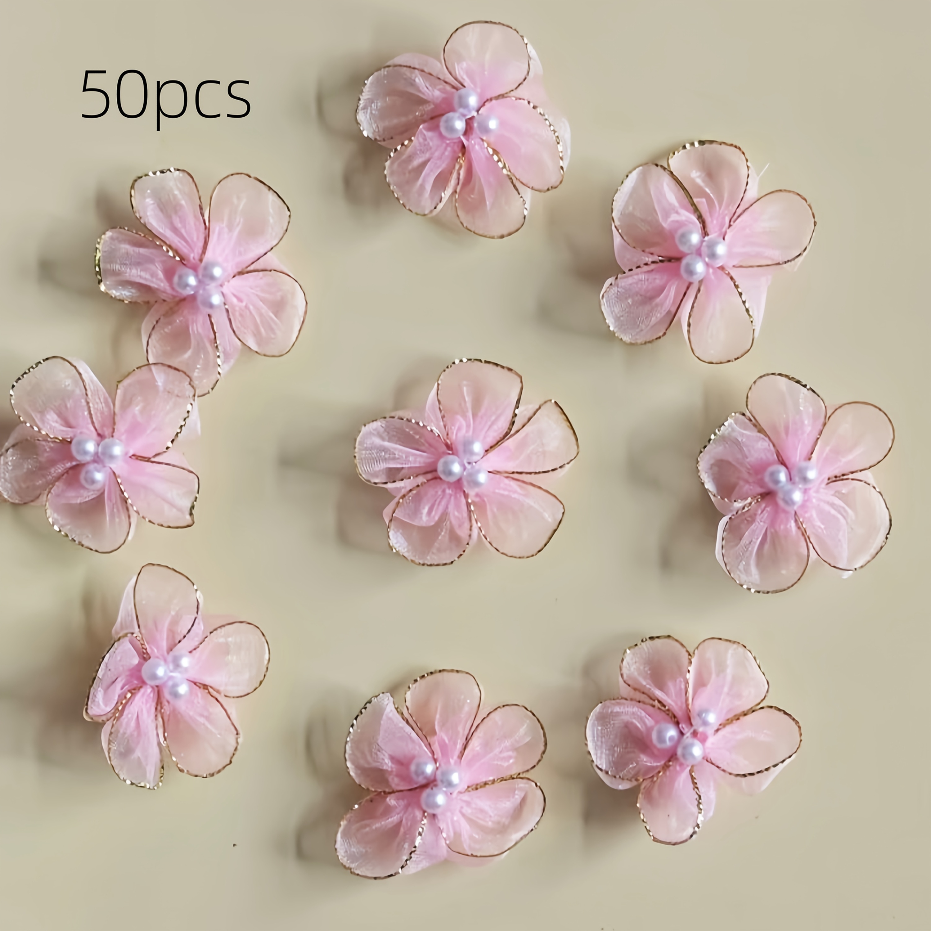Image of 50pcs Handmade Five-petal With 3-bead - Realistic Layered Snow Gauze Fabric Blossoms Suitable For Diy Wedding,, Easter, Mother' Day, 4th Of Decorations - Craft Flowers