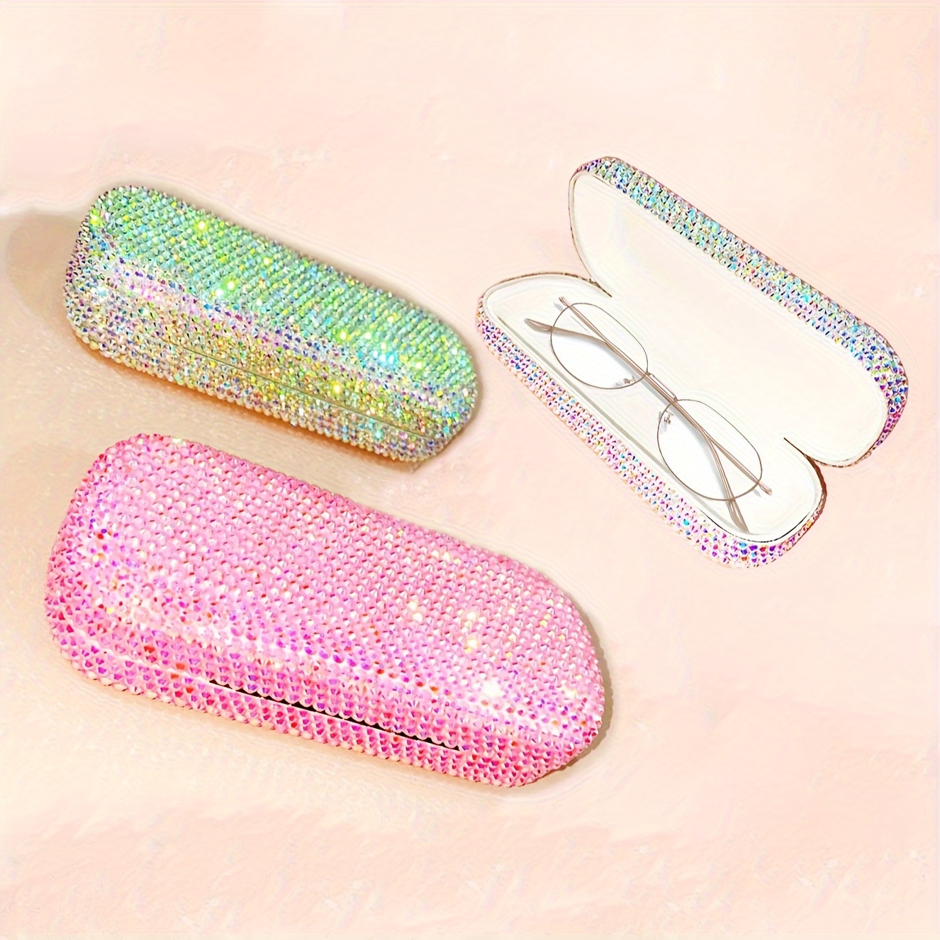 

Dazzling Rhinestone-studded Glasses Case Simple Pu Leather Glasses Case Bling Portable Pressure-resistant Glasses Storage Box