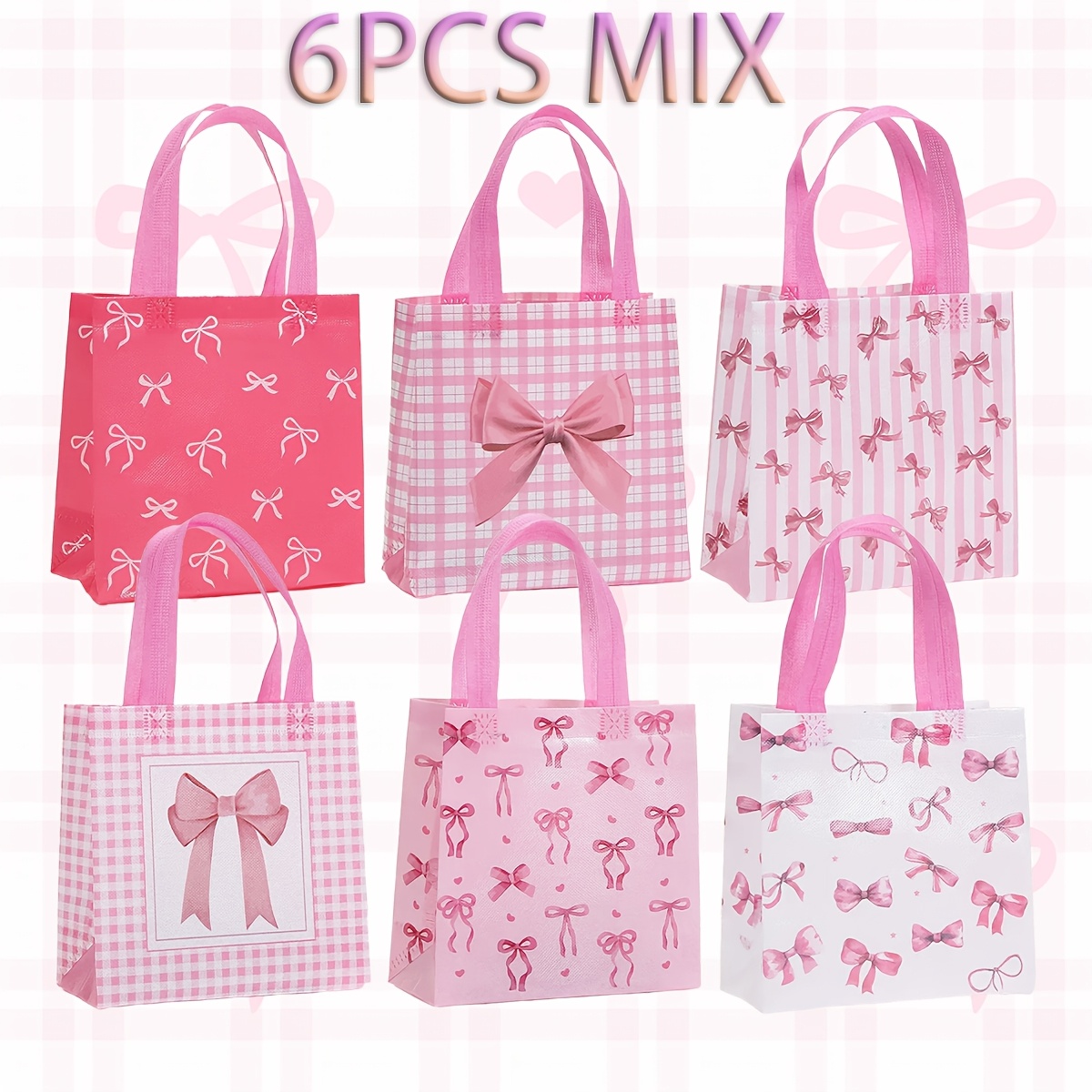 TEMU Gift For Her/him 6pcs Bow Print Handheld Bag Packaging Non-woven Birthday Gift Bag Takeout Shopping Bag, Party Handheld Gifts, Birthday Party