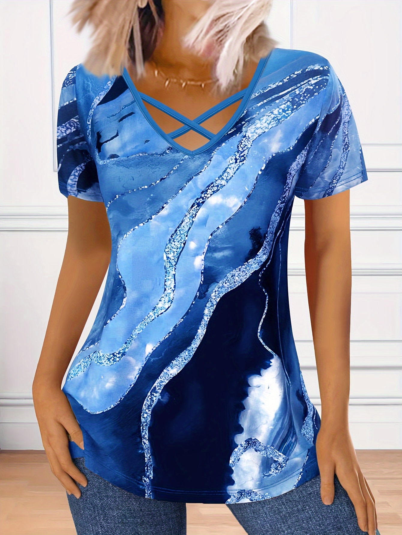 Marble Print V Neck T-Shirt Casual Short Sleeve Top For Spring & Summer Women's Clothing