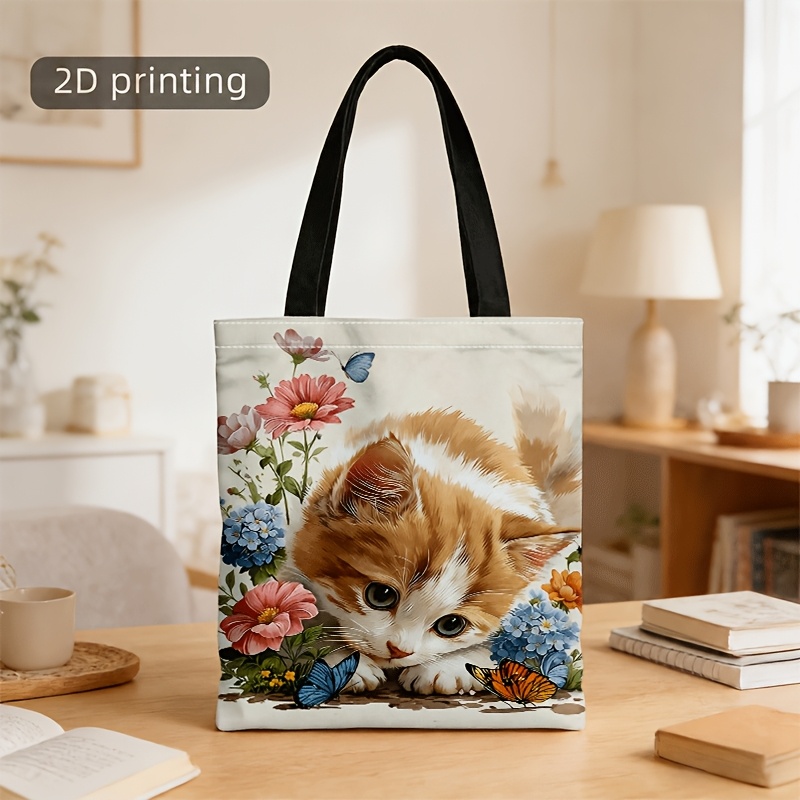 TEMU Sac fourre-tout unisexe à bandoulière avec imprimé chat floral peint à pour homme et femme - Sac à bandoulière unisexe adapté aux quotidiens, au