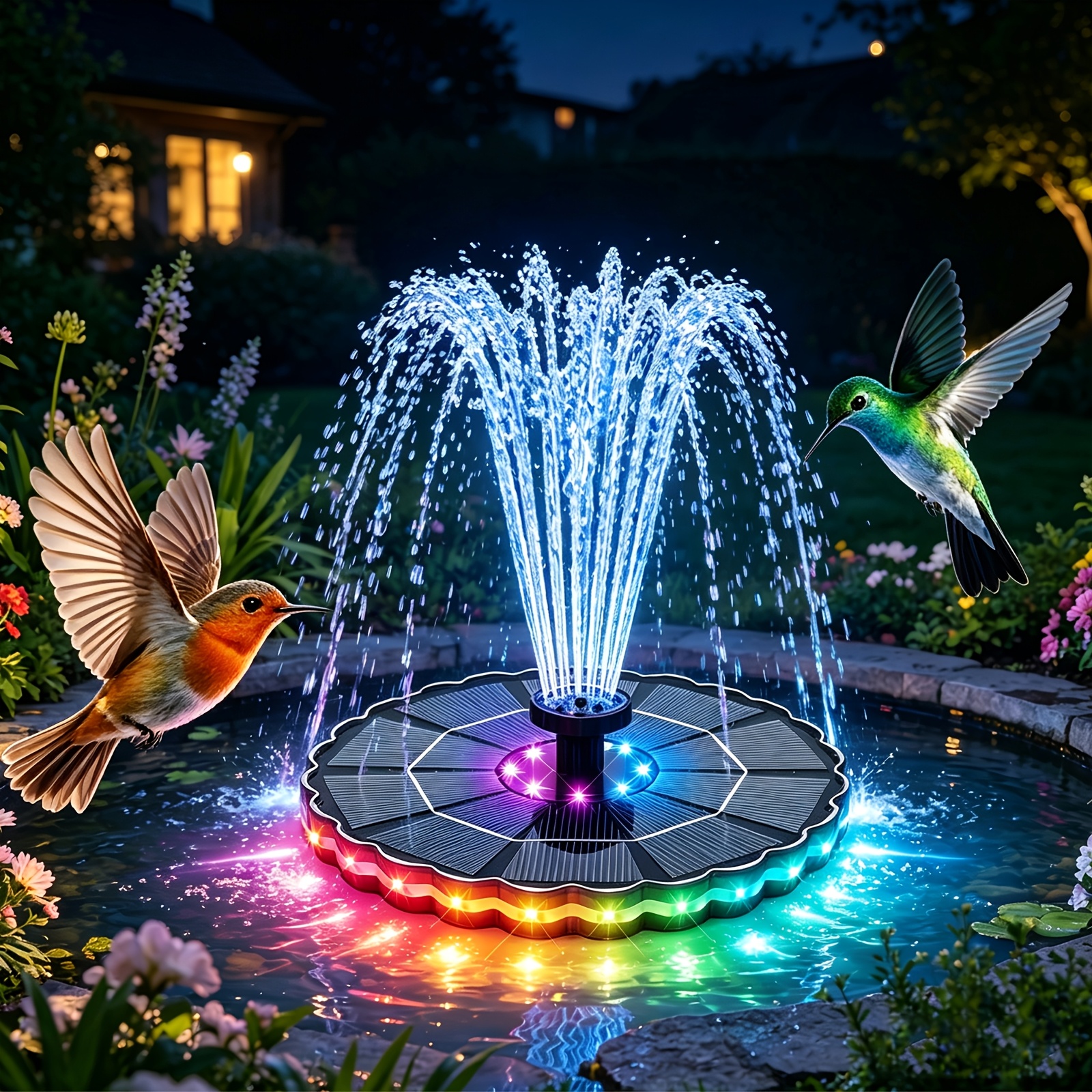 TEMU Upgrade 3.5w Solar Bird Bath Fountain, Petal , Colorful Ring Led Lights, 3500mah Battery, Ipx8, Solar Water Fountain Pump For Garden Patio Pond